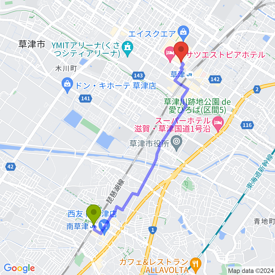南草津駅からJEUGIA草津Aスクエア店へのルートマップ地図