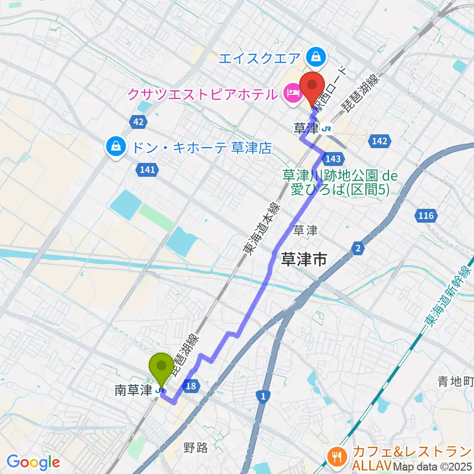 南草津駅からJEUGIA草津Aスクエア店へのルートマップ地図