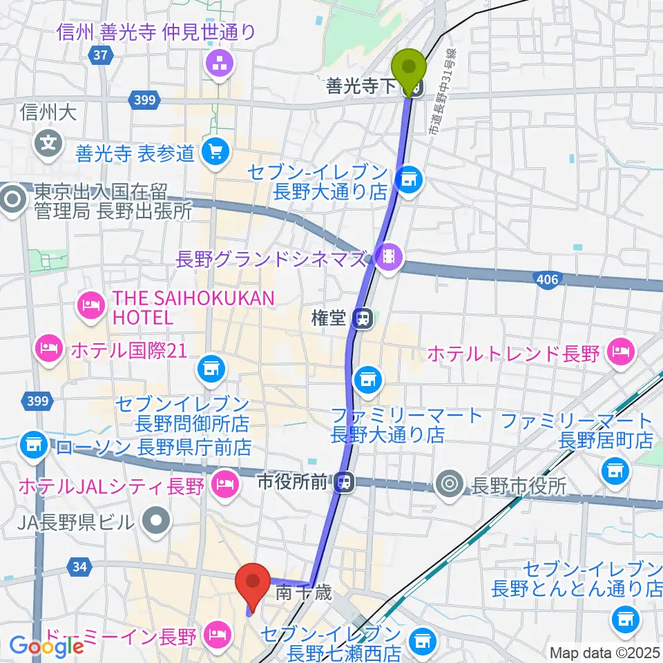 善光寺下駅から島村楽器 長野店へのルートマップ地図