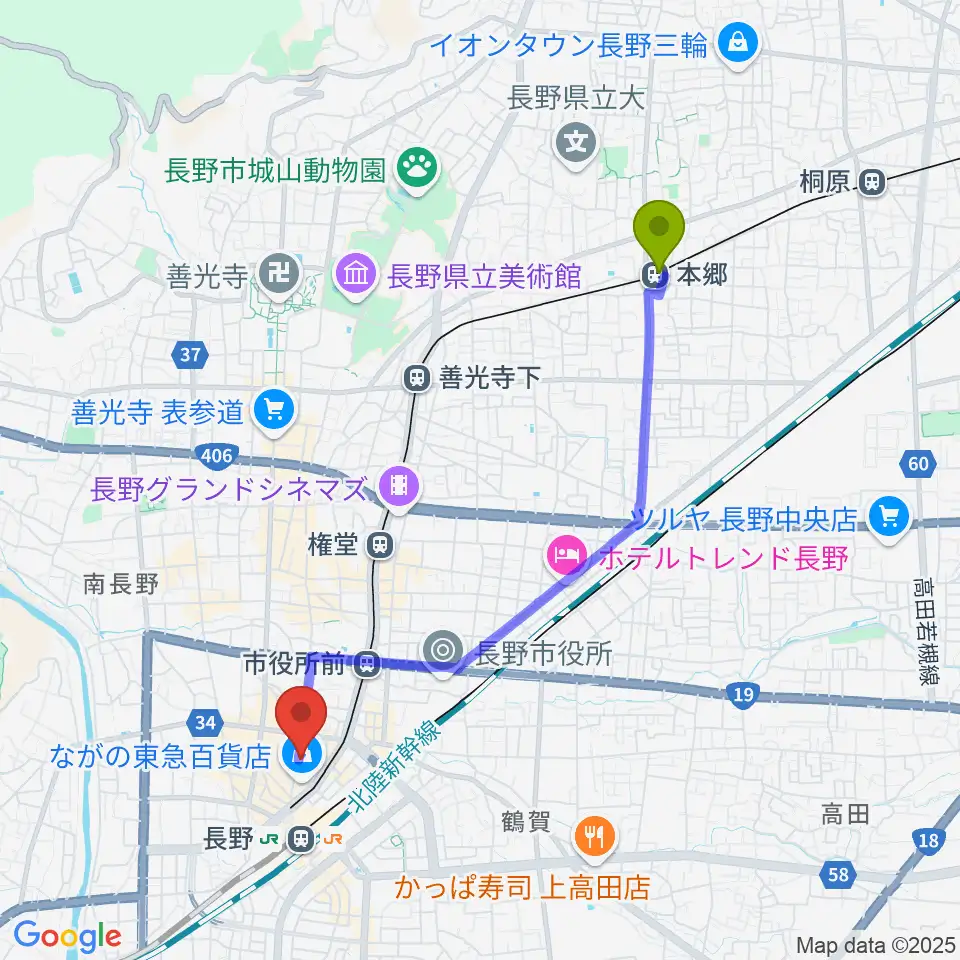 本郷駅から島村楽器 長野店へのルートマップ地図