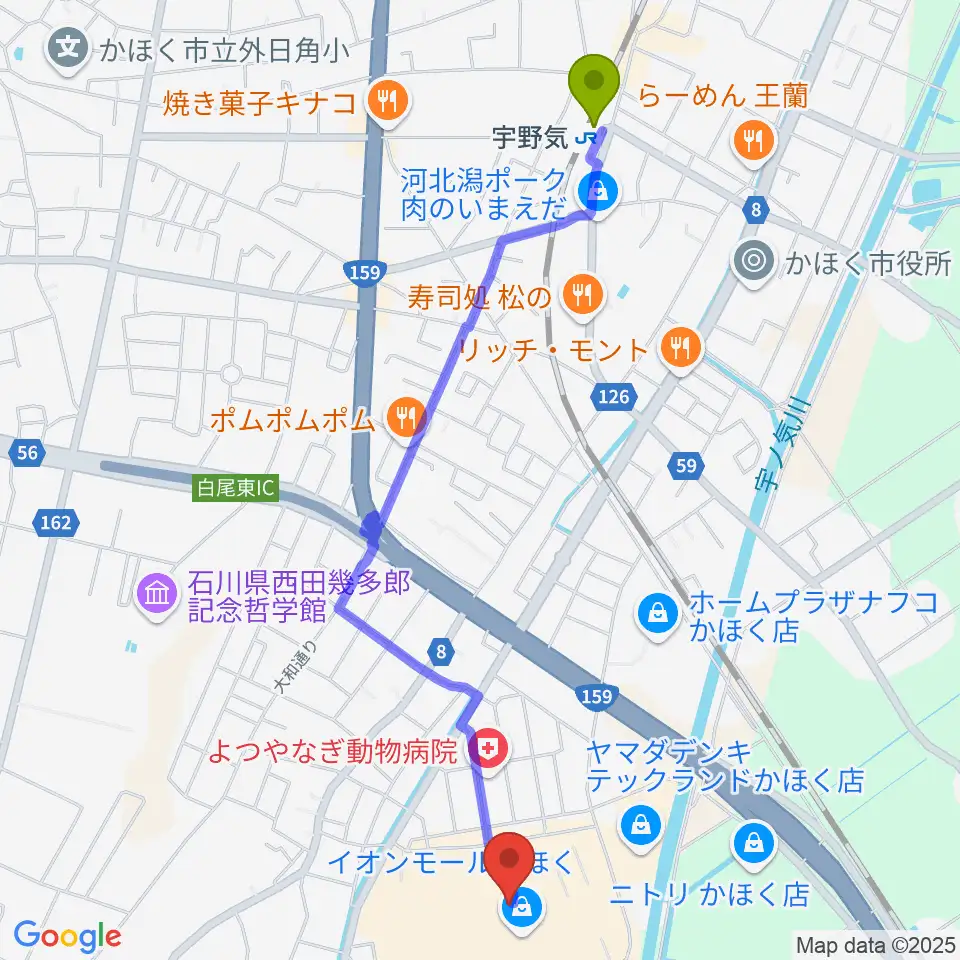 島村楽器 イオンモールかほく店の最寄駅宇野気駅からの徒歩ルート（約25分）地図