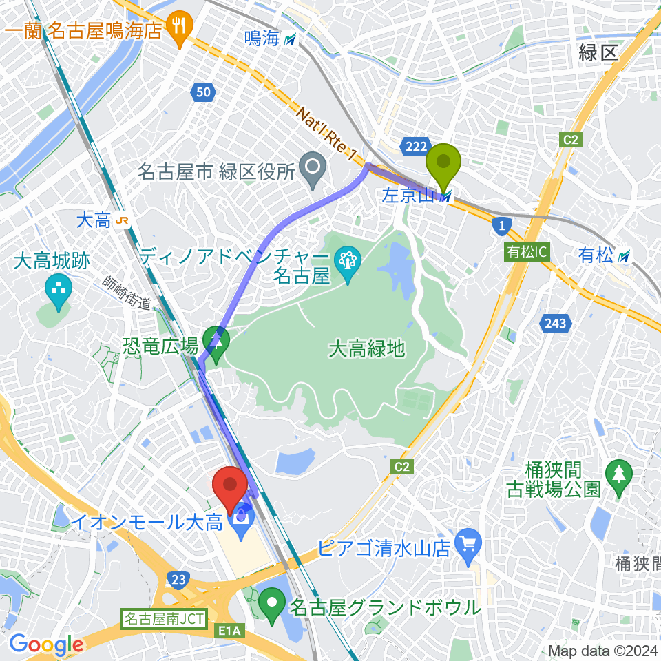 左京山駅から島村楽器 イオンモール大高店へのルートマップ地図