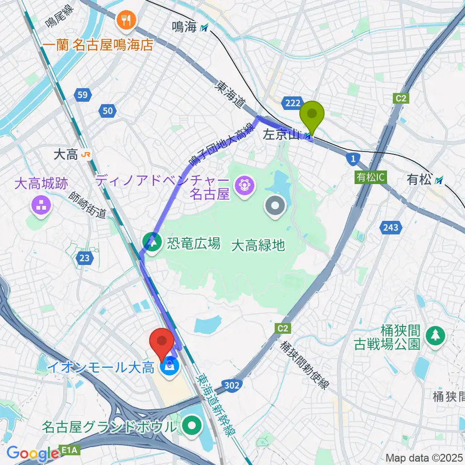 左京山駅から島村楽器 イオンモール大高店へのルートマップ地図