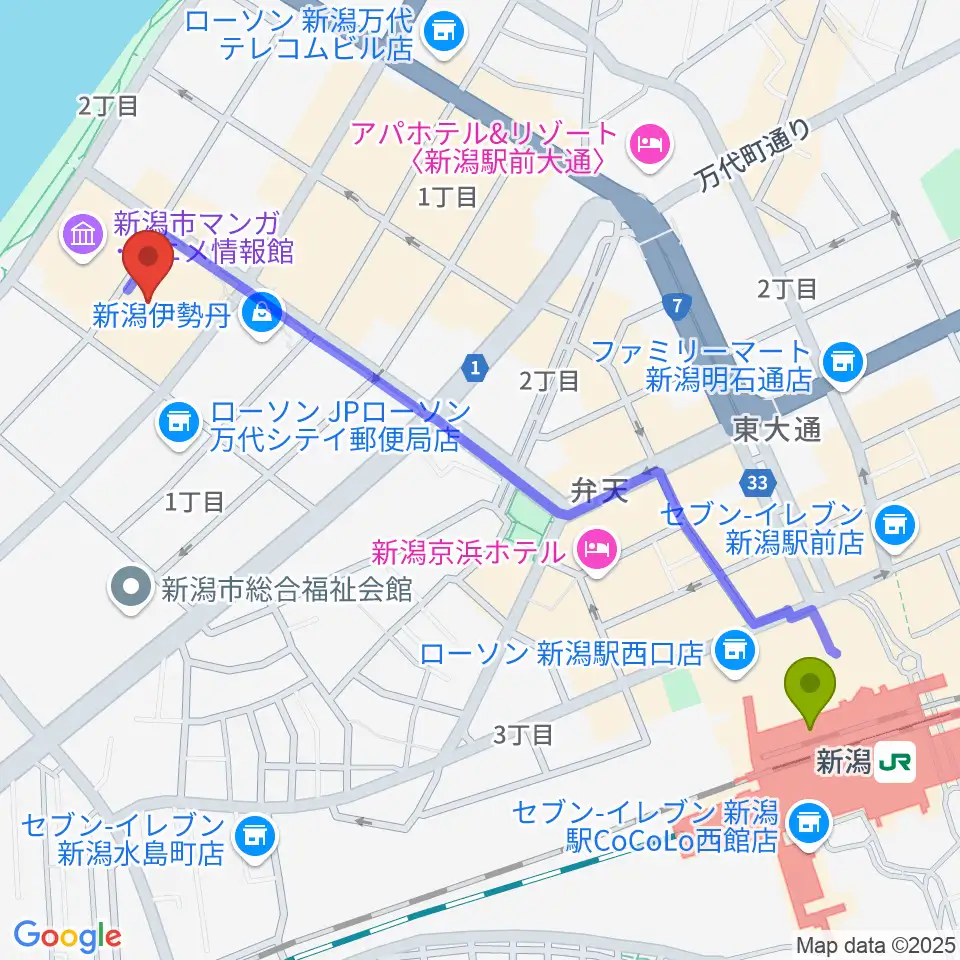 島村楽器 新潟ビルボードプレイス店 の最寄駅新潟駅からの徒歩ルート（約12分）地図