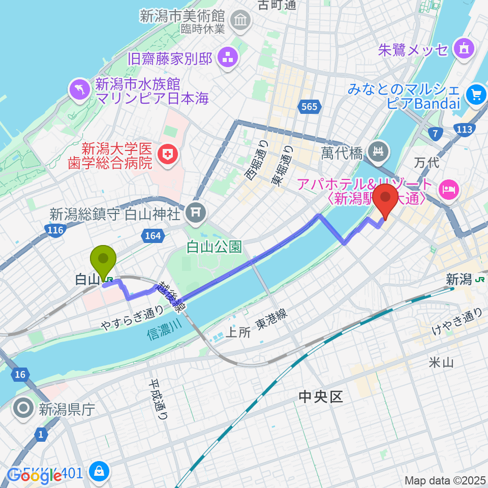 白山駅から島村楽器 新潟ビルボードプレイス店 へのルートマップ地図