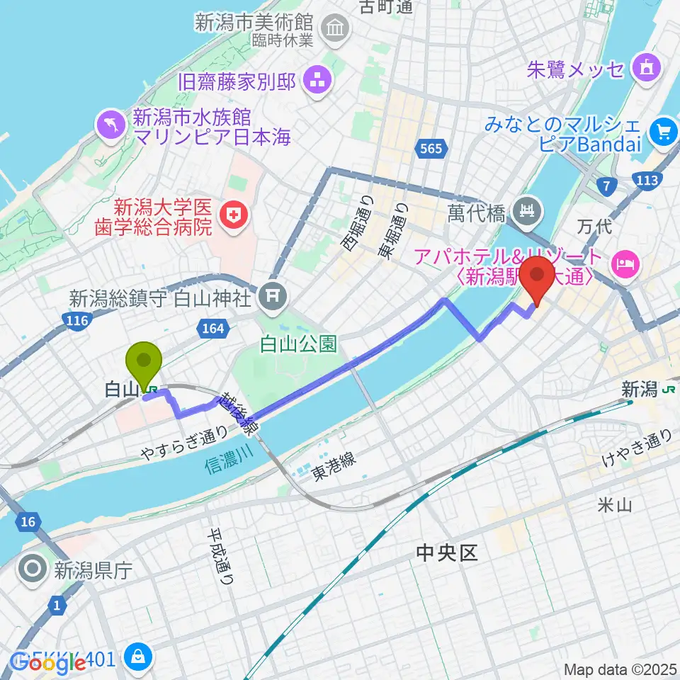 白山駅から島村楽器 新潟ビルボードプレイス店 へのルートマップ地図