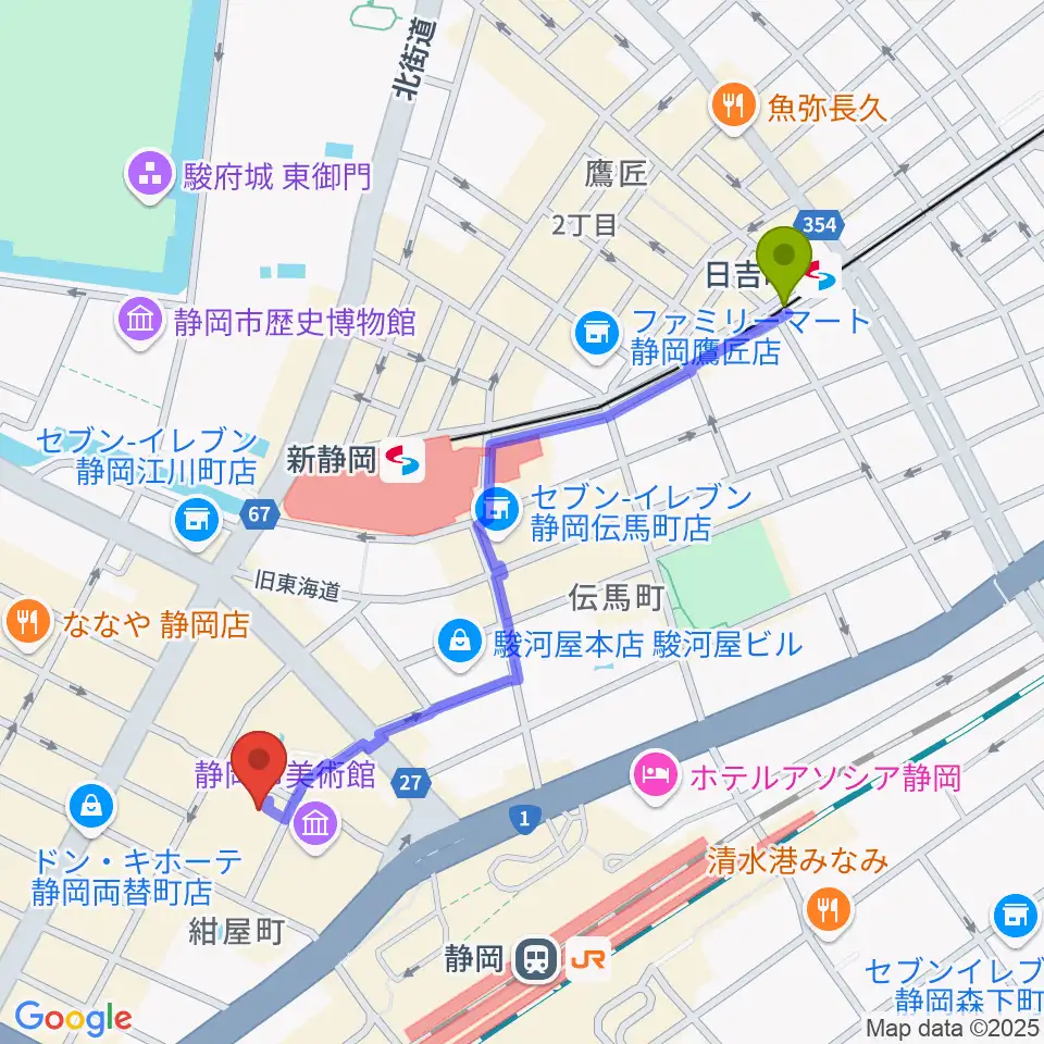 日吉町駅から島村楽器 静岡パルコ店へのルートマップ地図