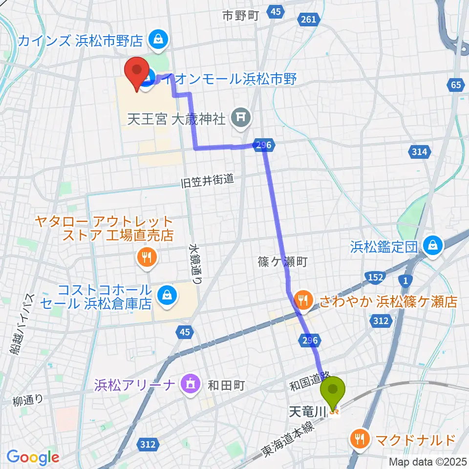 天竜川駅から島村楽器 イオンモール浜松市野店へのルートマップ地図