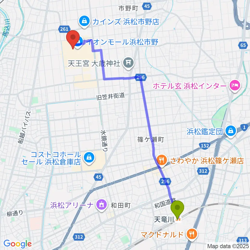 天竜川駅から島村楽器 イオンモール浜松市野店へのルートマップ地図