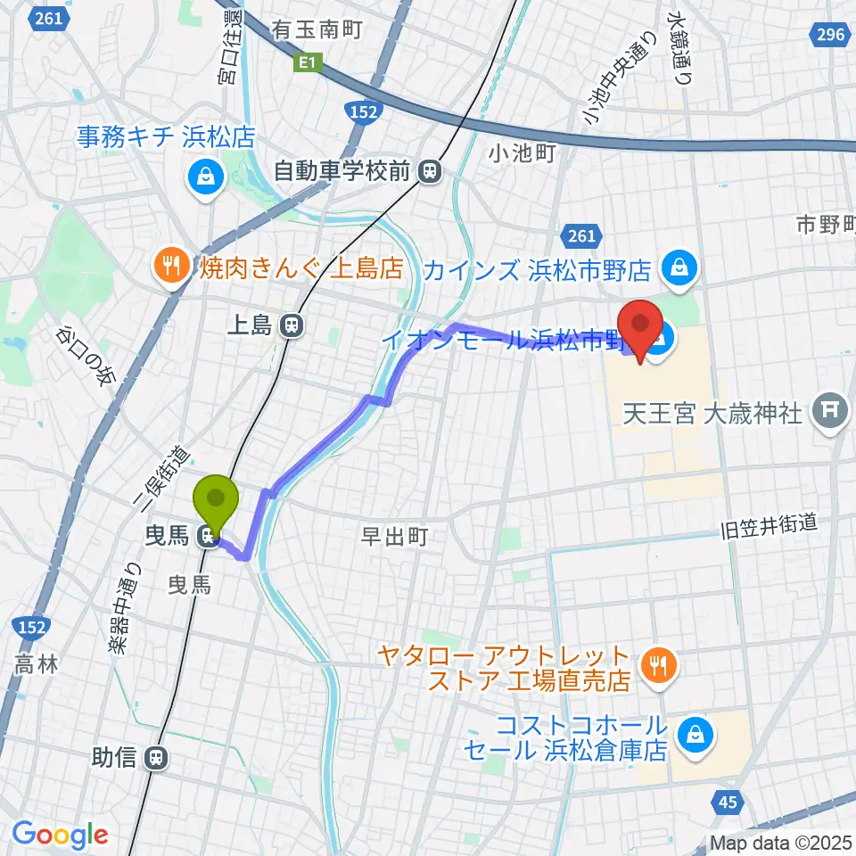 曳馬駅から島村楽器 イオンモール浜松市野店へのルートマップ地図