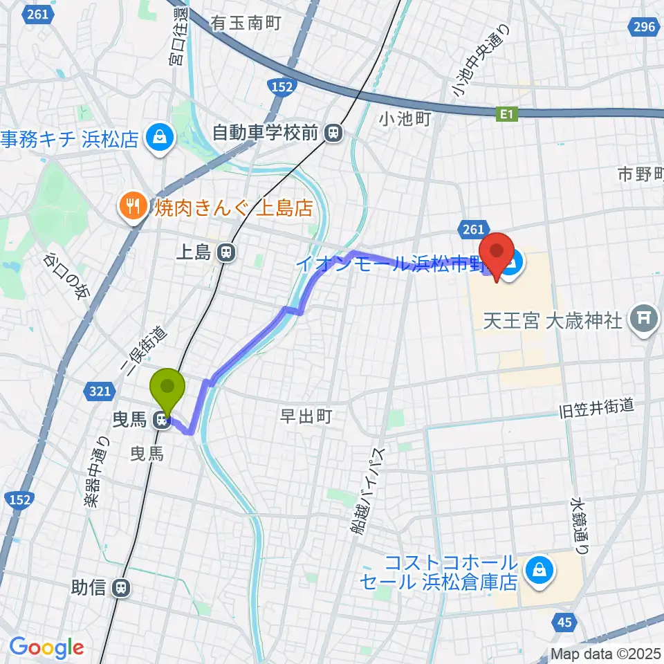 曳馬駅から島村楽器 イオンモール浜松市野店へのルートマップ地図