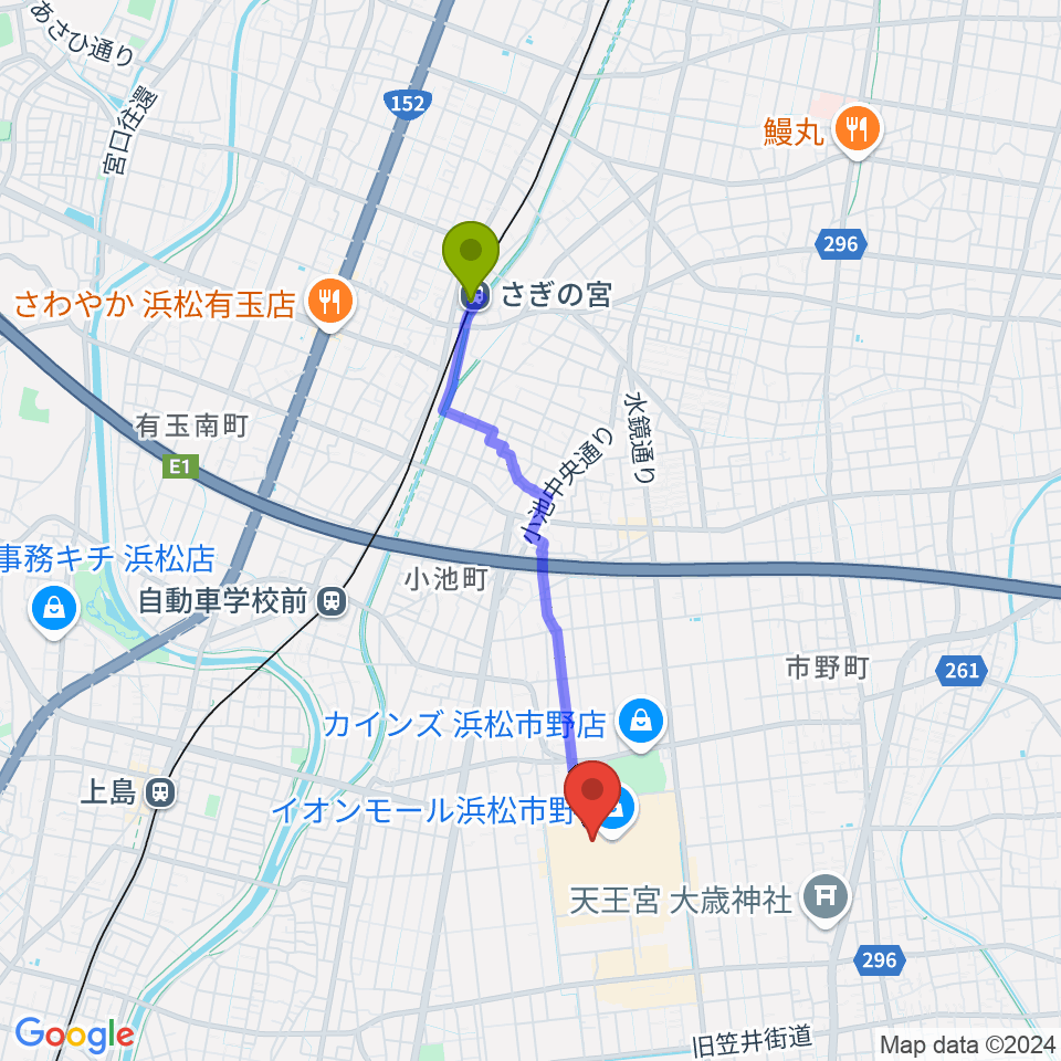 さぎの宮駅から島村楽器 イオンモール浜松市野店へのルートマップ地図