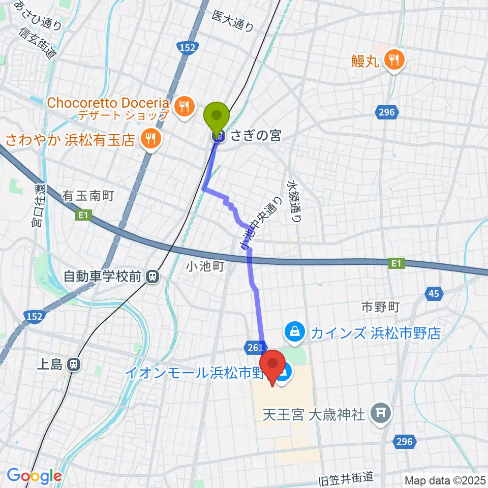 さぎの宮駅から島村楽器 イオンモール浜松市野店へのルートマップ地図
