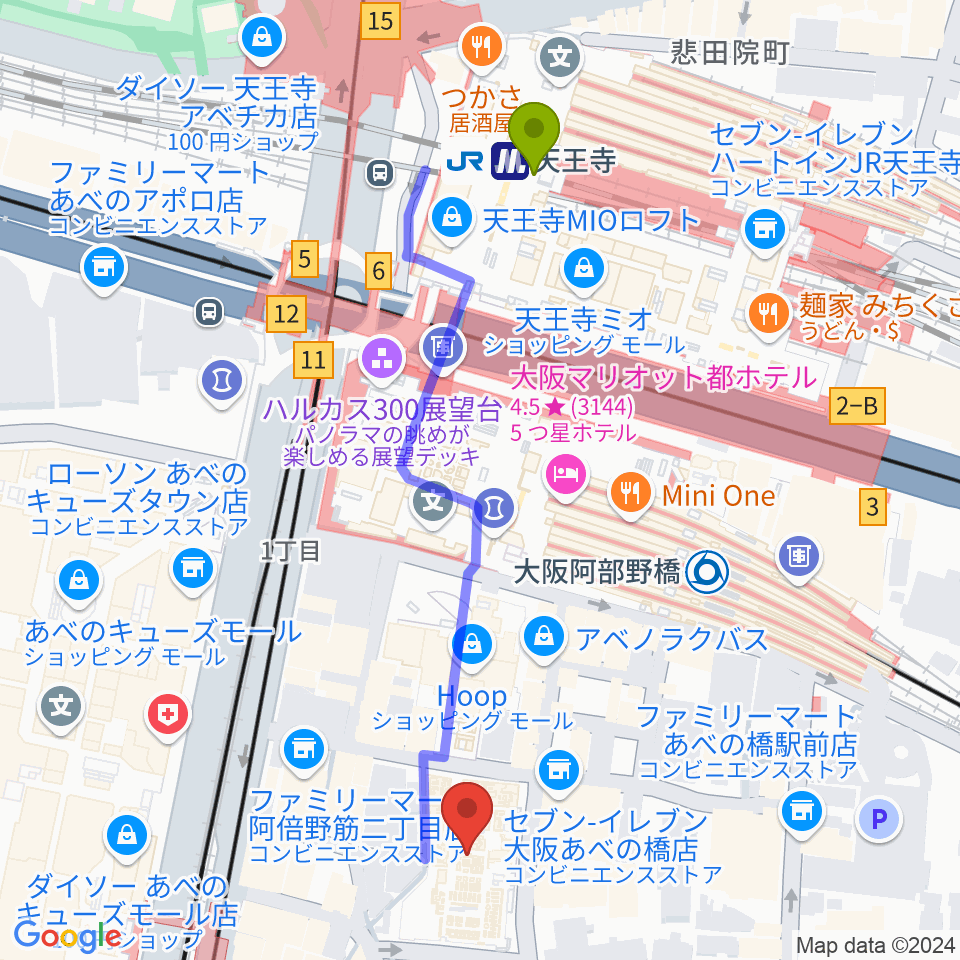 天王寺駅から島村楽器 あべのand店へのルートマップ地図