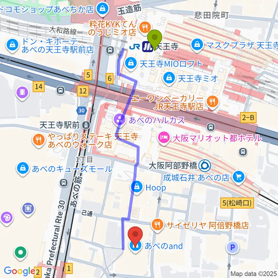天王寺駅から島村楽器 あべのand店へのルートマップ地図
