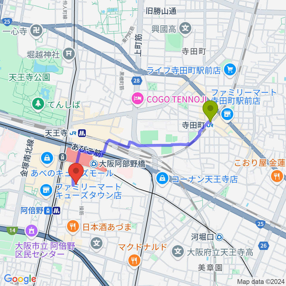 寺田町駅から島村楽器 あべのand店へのルートマップ地図