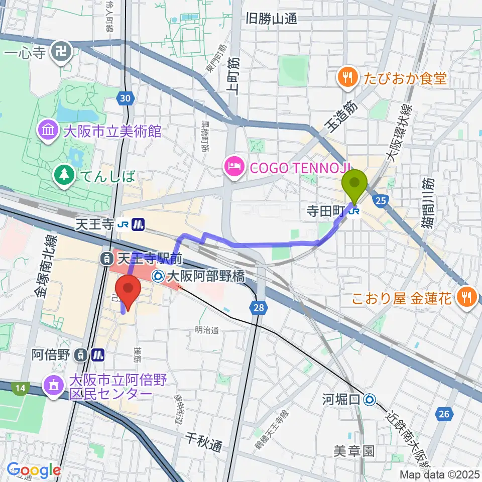 寺田町駅から島村楽器 あべのand店へのルートマップ地図