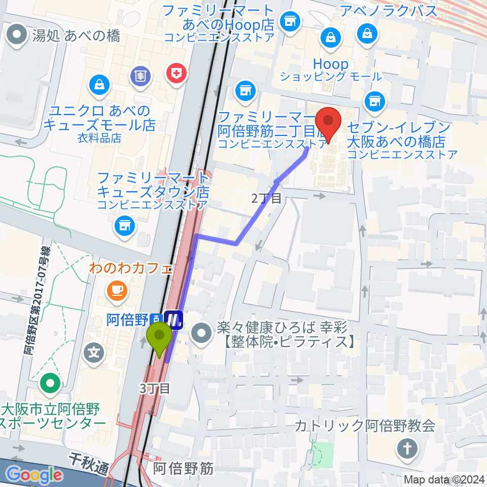島村楽器 あべのand店の最寄駅阿倍野駅からの徒歩ルート（約4分）地図