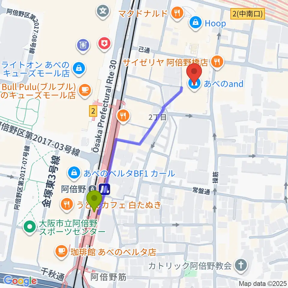 島村楽器 あべのand店の最寄駅阿倍野駅からの徒歩ルート（約4分）地図