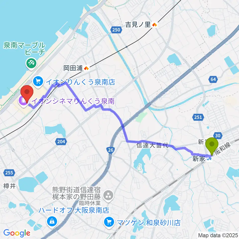 新家駅から島村楽器 イオンモールりんくう泉南店へのルートマップ地図