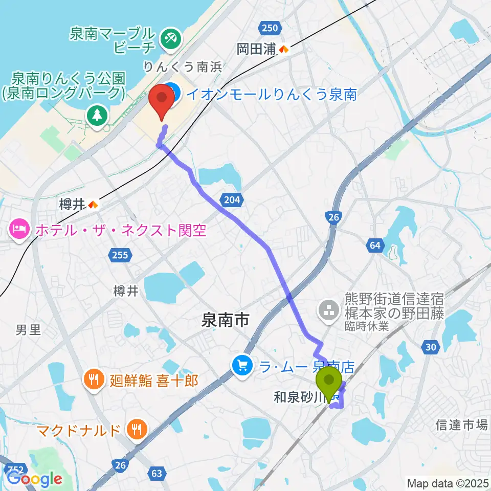 和泉砂川駅から島村楽器 イオンモールりんくう泉南店へのルートマップ地図