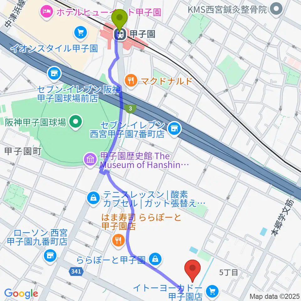 甲子園駅から島村楽器ららぽーと甲子園店へのルートマップ地図