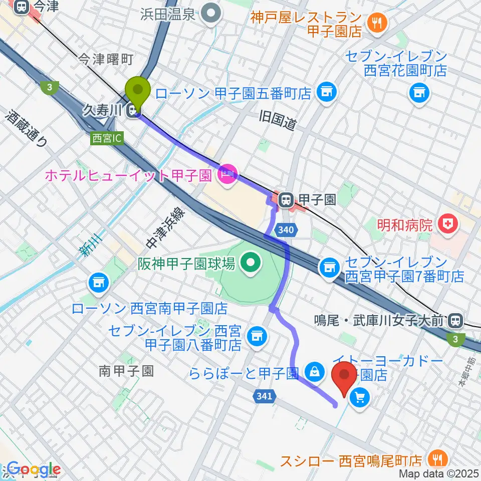 久寿川駅から島村楽器ららぽーと甲子園店へのルートマップ地図