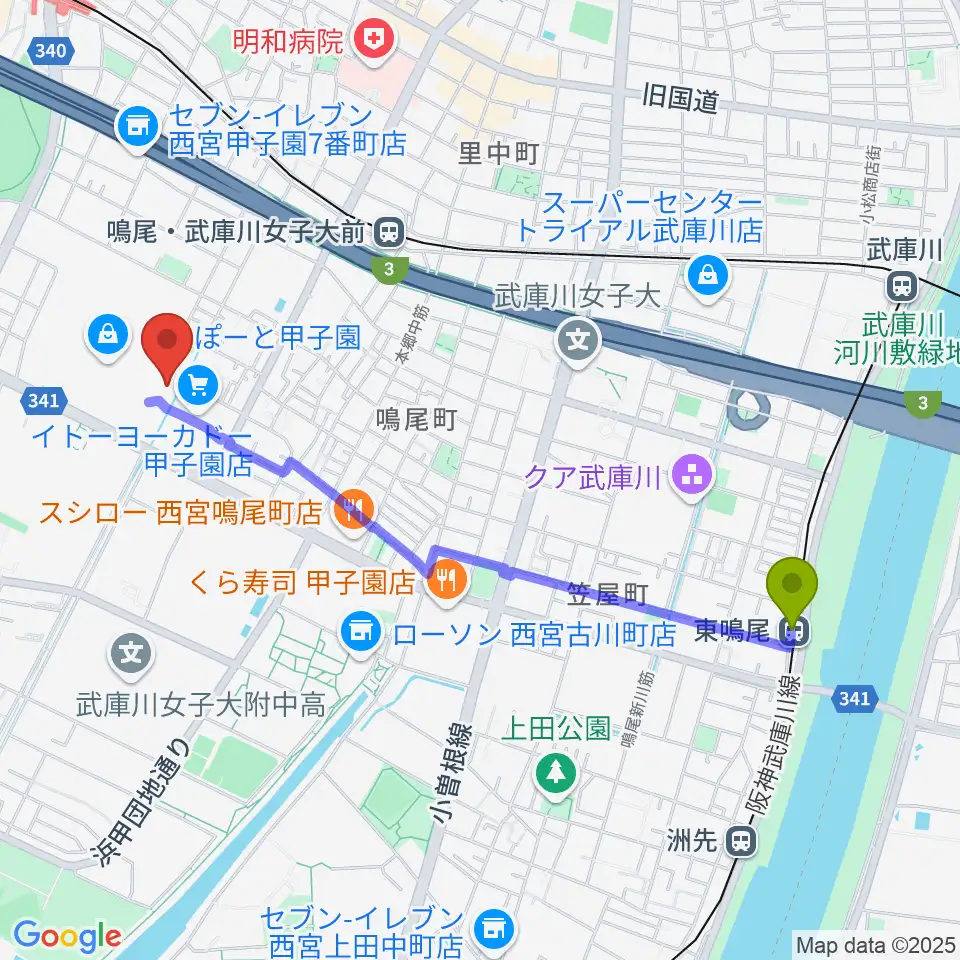 東鳴尾駅から島村楽器ららぽーと甲子園店へのルートマップ地図