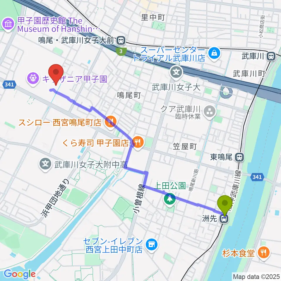 洲先駅から島村楽器ららぽーと甲子園店へのルートマップ地図