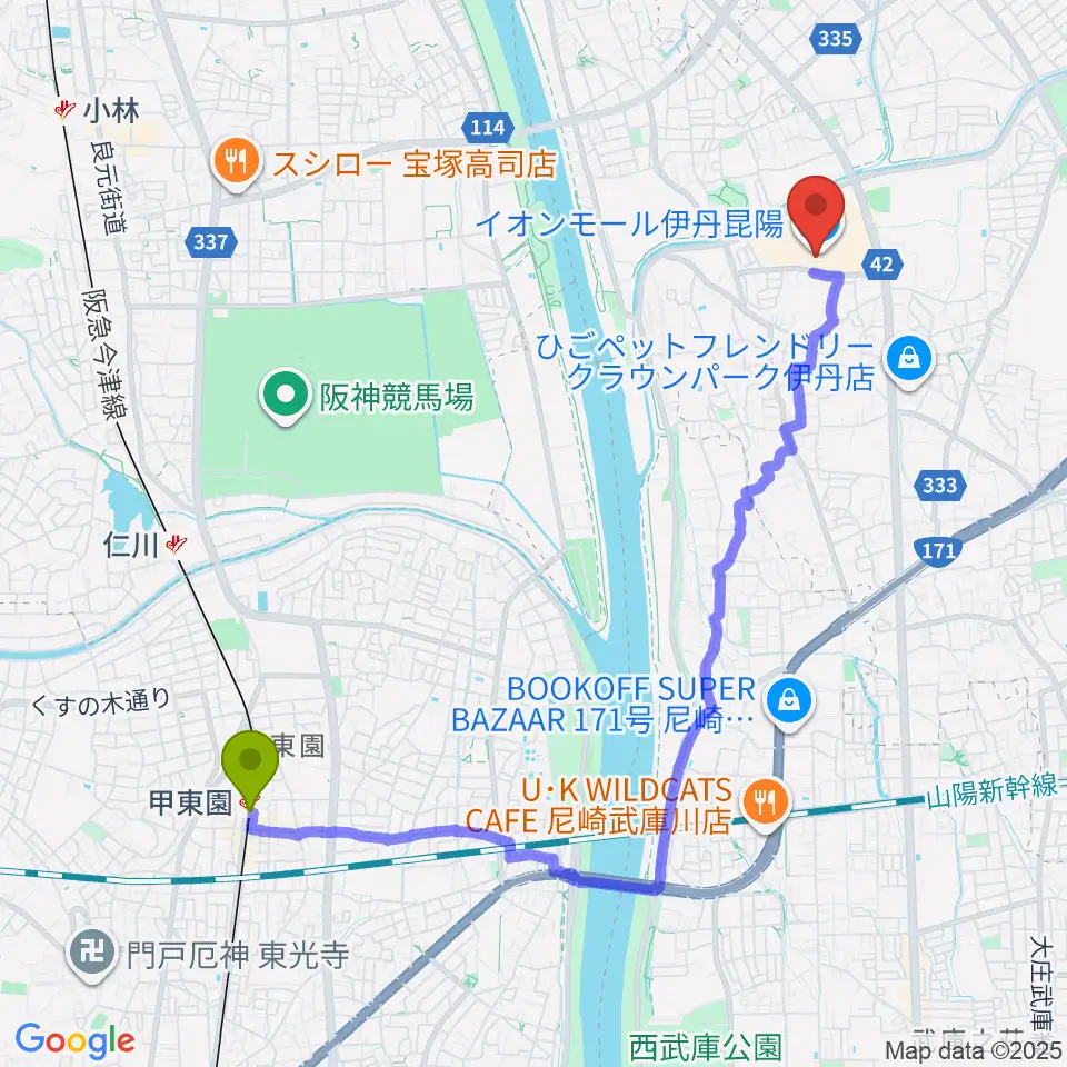 甲東園駅から島村楽器 イオンモール伊丹昆陽店へのルートマップ地図