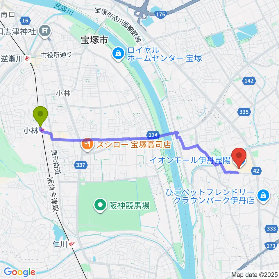 小林駅から島村楽器 イオンモール伊丹昆陽店へのルートマップ地図