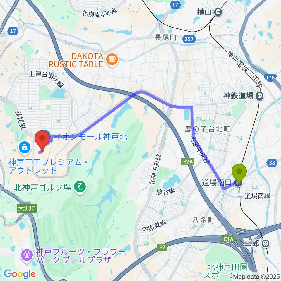 島村楽器 イオンモール神戸北店の最寄駅道場南口駅からの徒歩ルート（約45分）地図