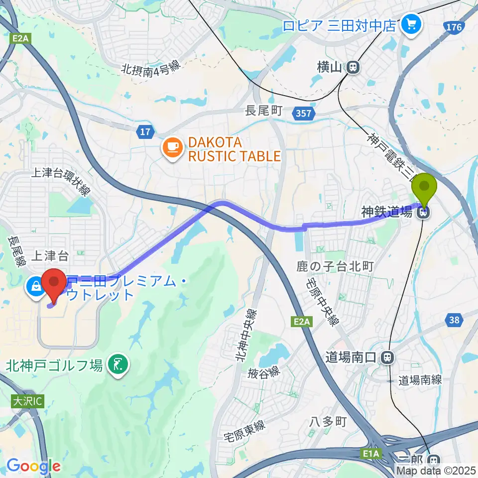 神鉄道場駅から島村楽器 イオンモール神戸北店へのルートマップ地図