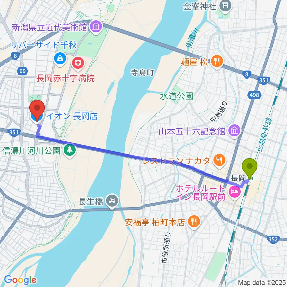 島村楽器 イオン長岡店 の最寄駅長岡駅からの徒歩ルート（約47分）地図