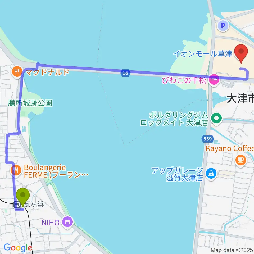 瓦ヶ浜駅から島村楽器 イオンモール草津店へのルートマップ地図