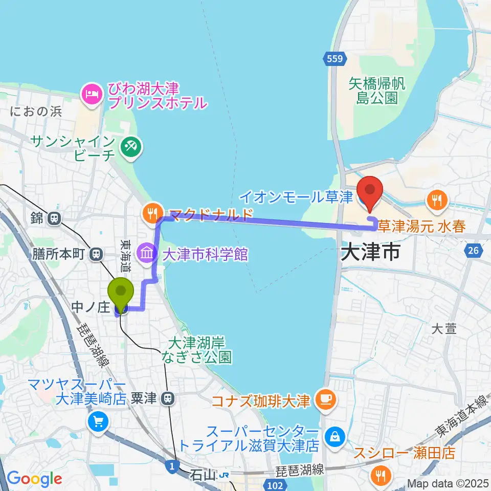 中ノ庄駅から島村楽器 イオンモール草津店へのルートマップ地図