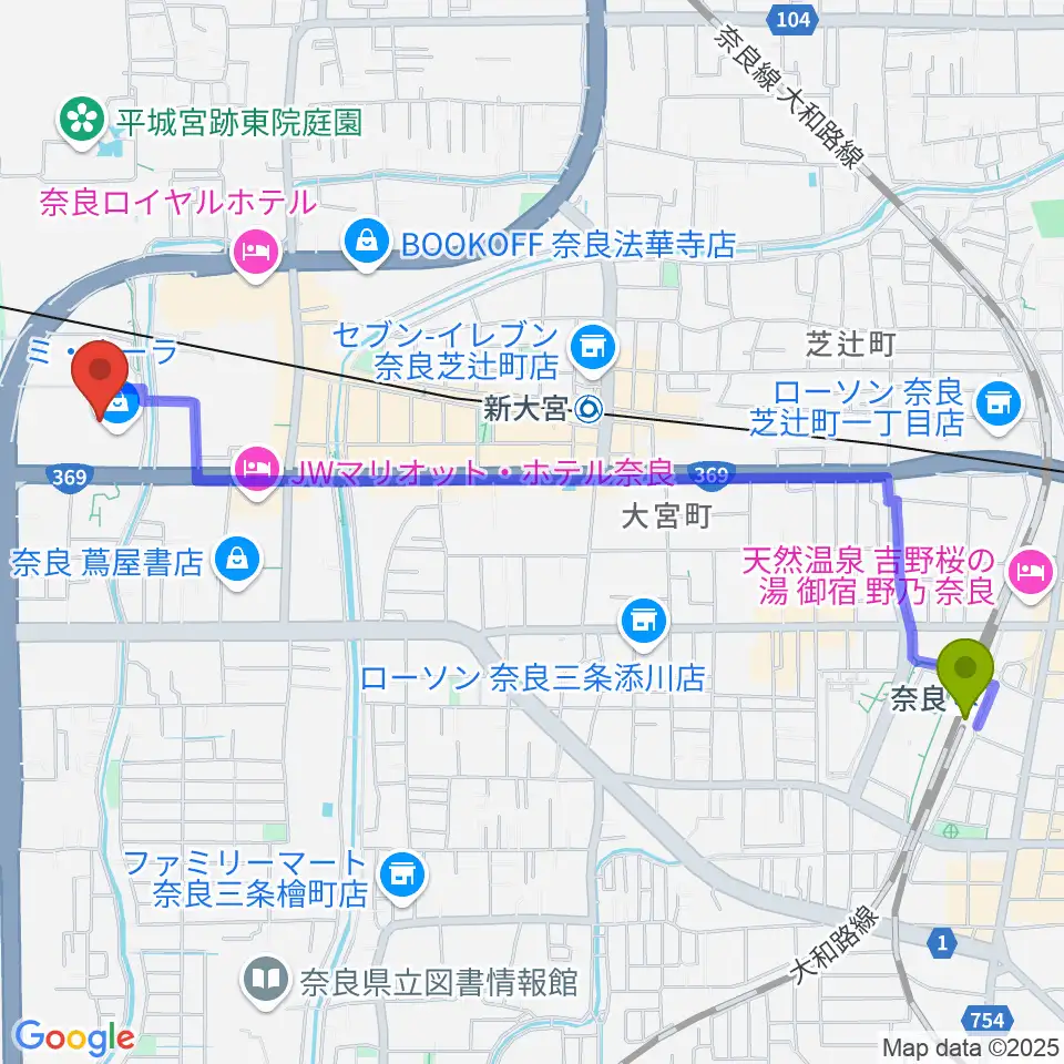 奈良駅から島村楽器ミ・ナーラ奈良店へのルートマップ地図