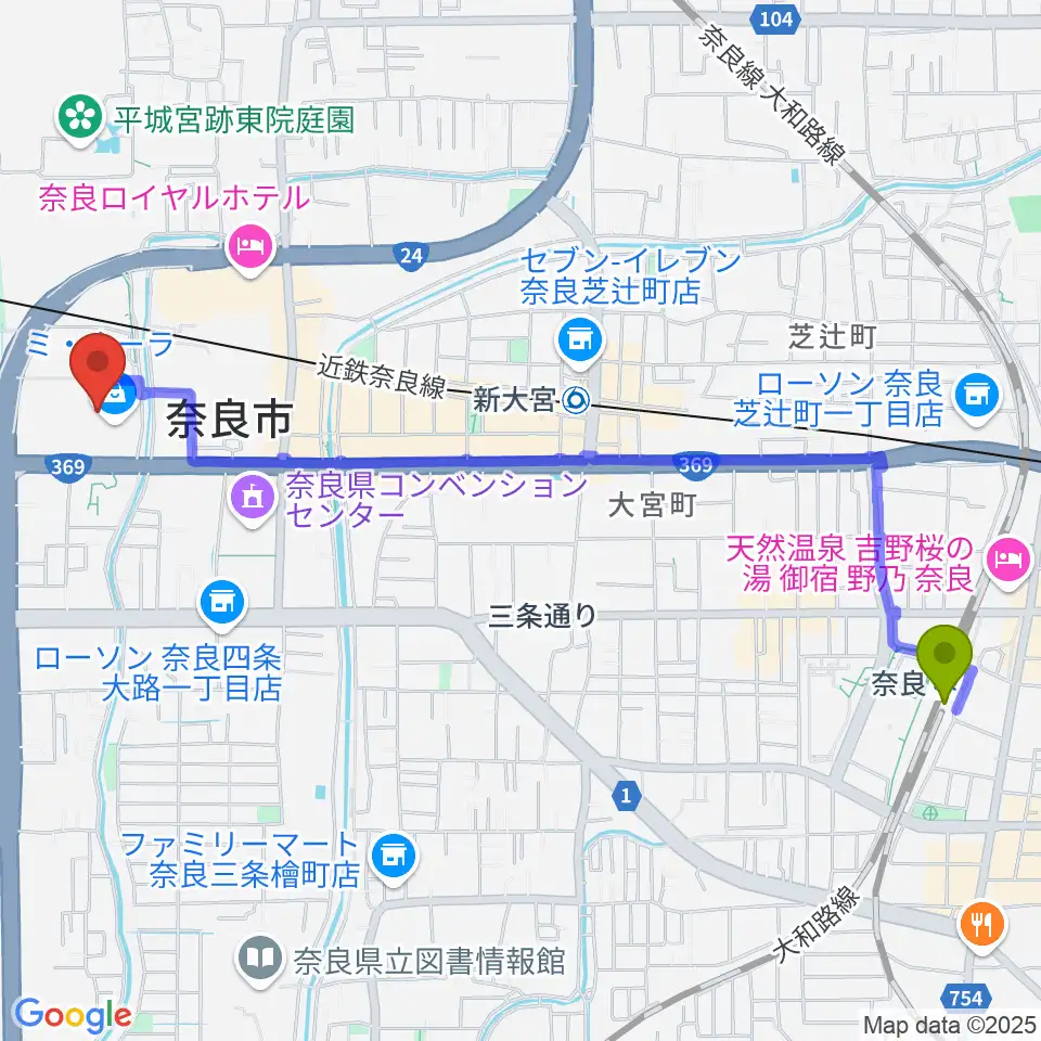 奈良駅から島村楽器ミ・ナーラ奈良店へのルートマップ地図