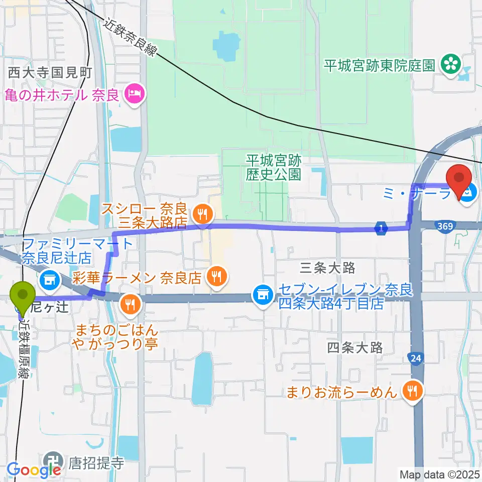 尼ヶ辻駅から島村楽器ミ・ナーラ奈良店へのルートマップ地図