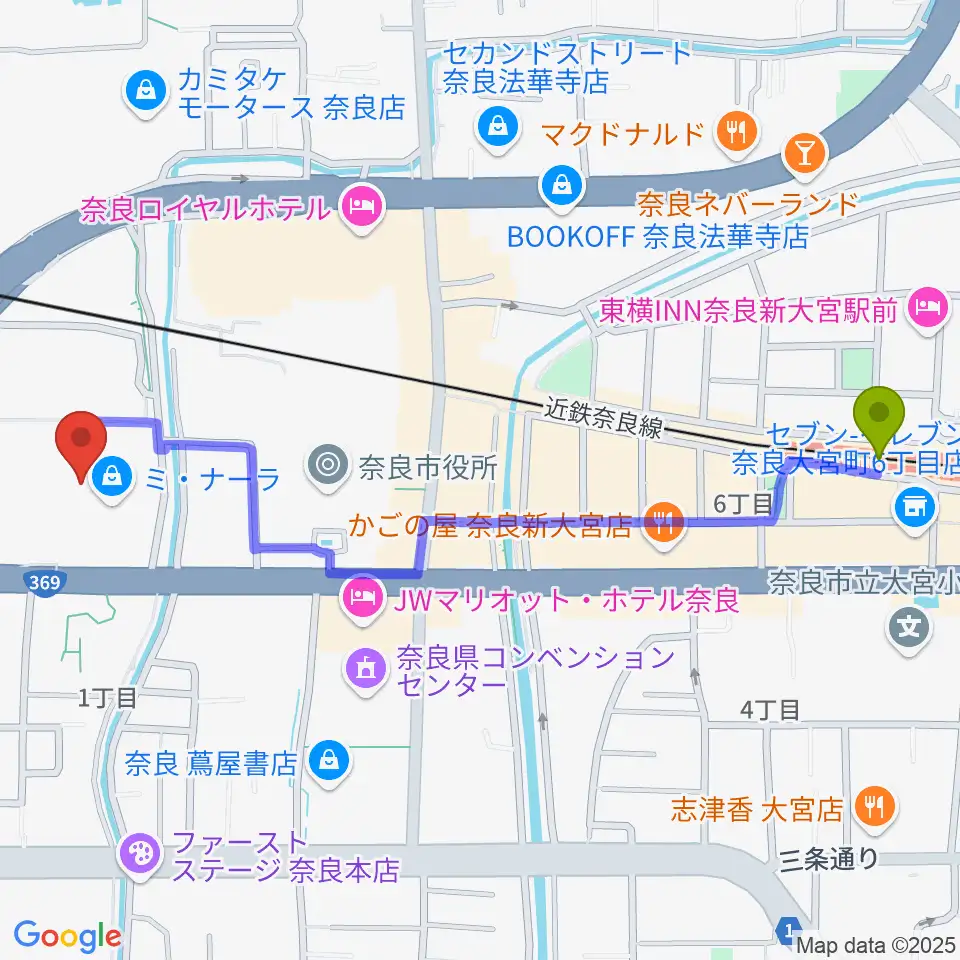 島村楽器ミ・ナーラ奈良店の最寄駅新大宮駅からの徒歩ルート（約13分）地図