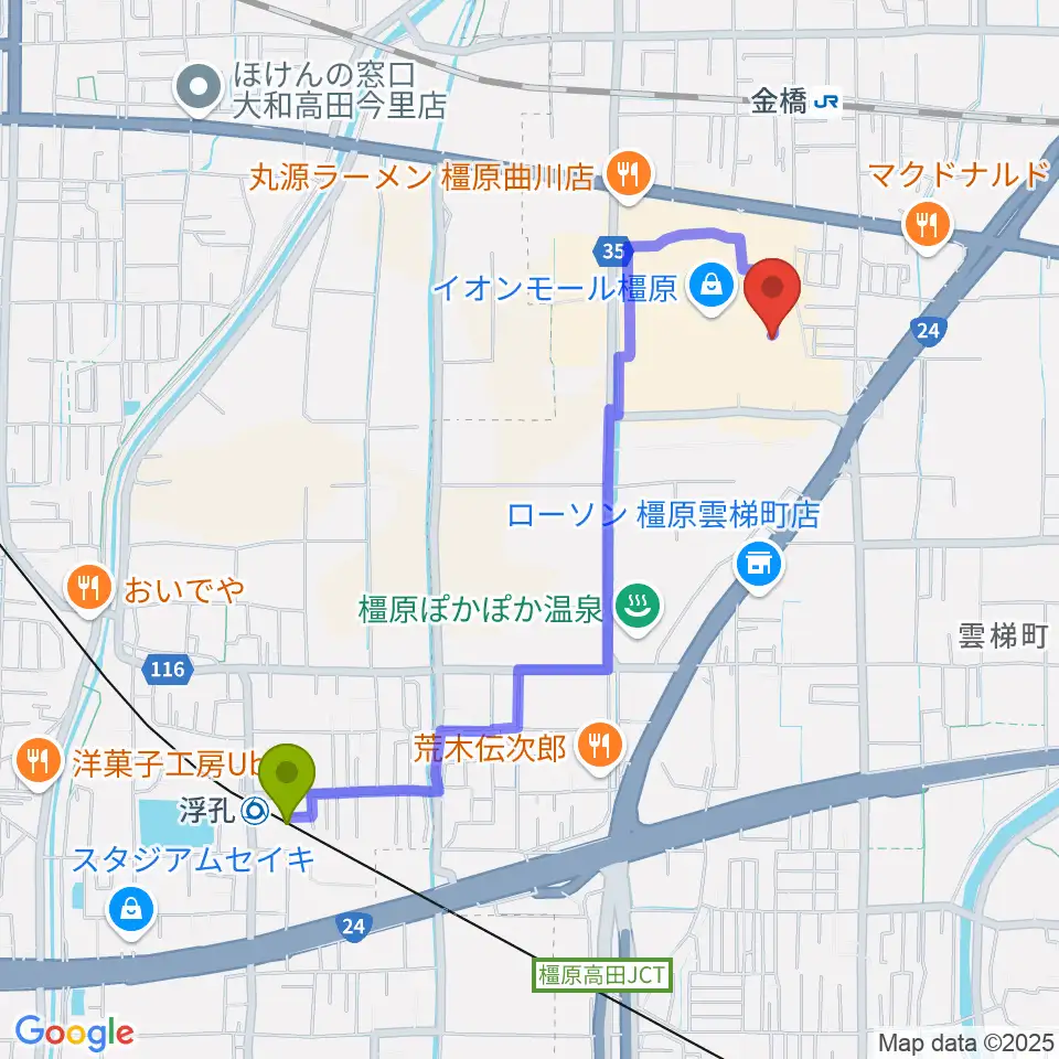 浮孔駅から島村楽器 イオンモール橿原店へのルートマップ地図