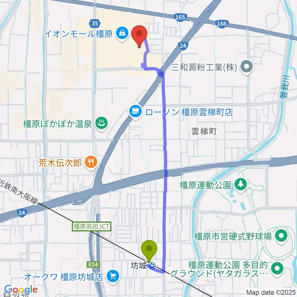 坊城駅から島村楽器 イオンモール橿原店へのルートマップ地図