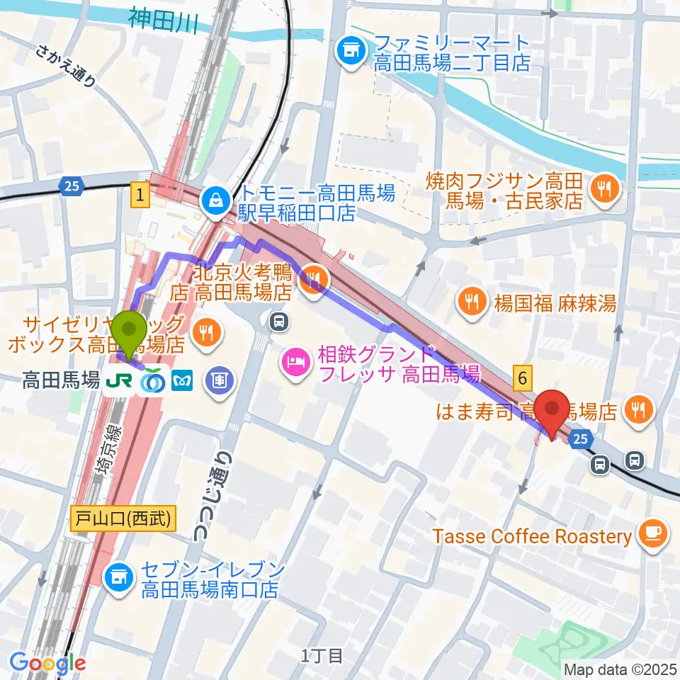 高田馬場カフェコットンクラブの最寄駅高田馬場駅からの徒歩ルート（約5分）地図
