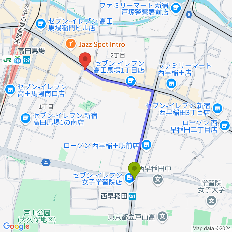 西早稲田駅から高田馬場カフェコットンクラブへのルートマップ地図