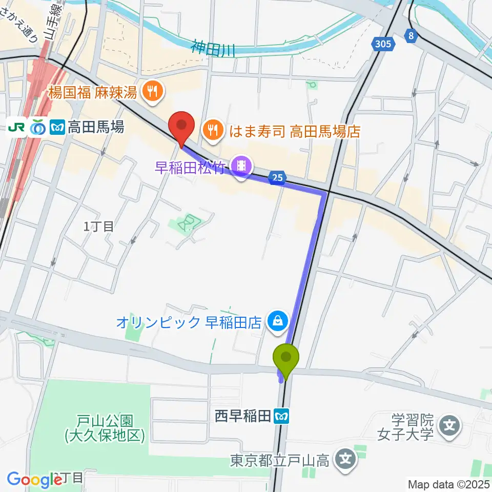 西早稲田駅から高田馬場カフェコットンクラブへのルートマップ地図