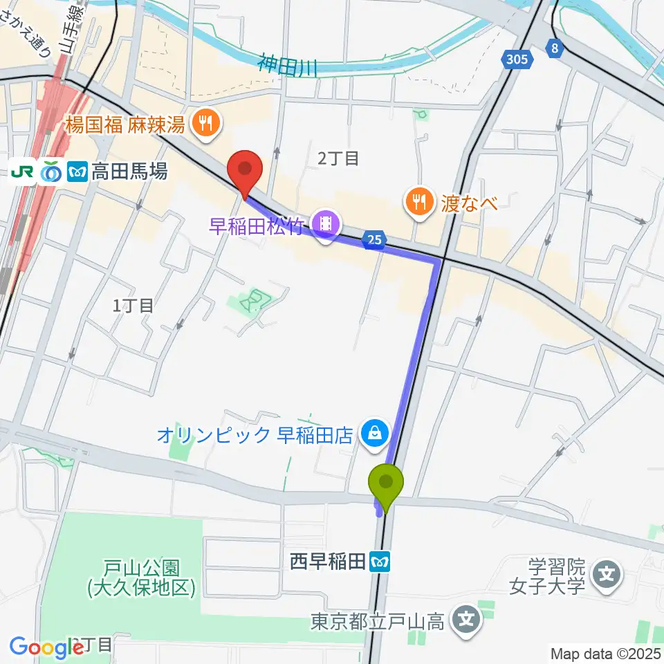 西早稲田駅から高田馬場カフェコットンクラブへのルートマップ地図