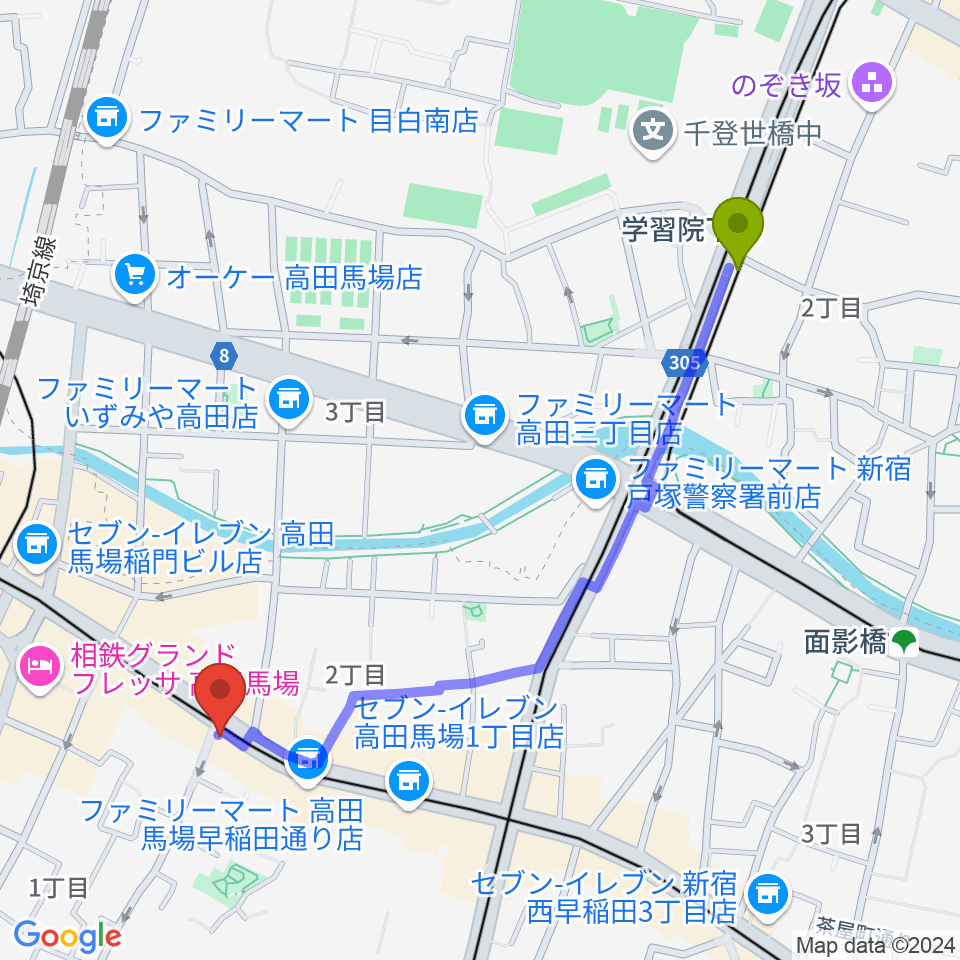 学習院下駅から高田馬場カフェコットンクラブへのルートマップ地図