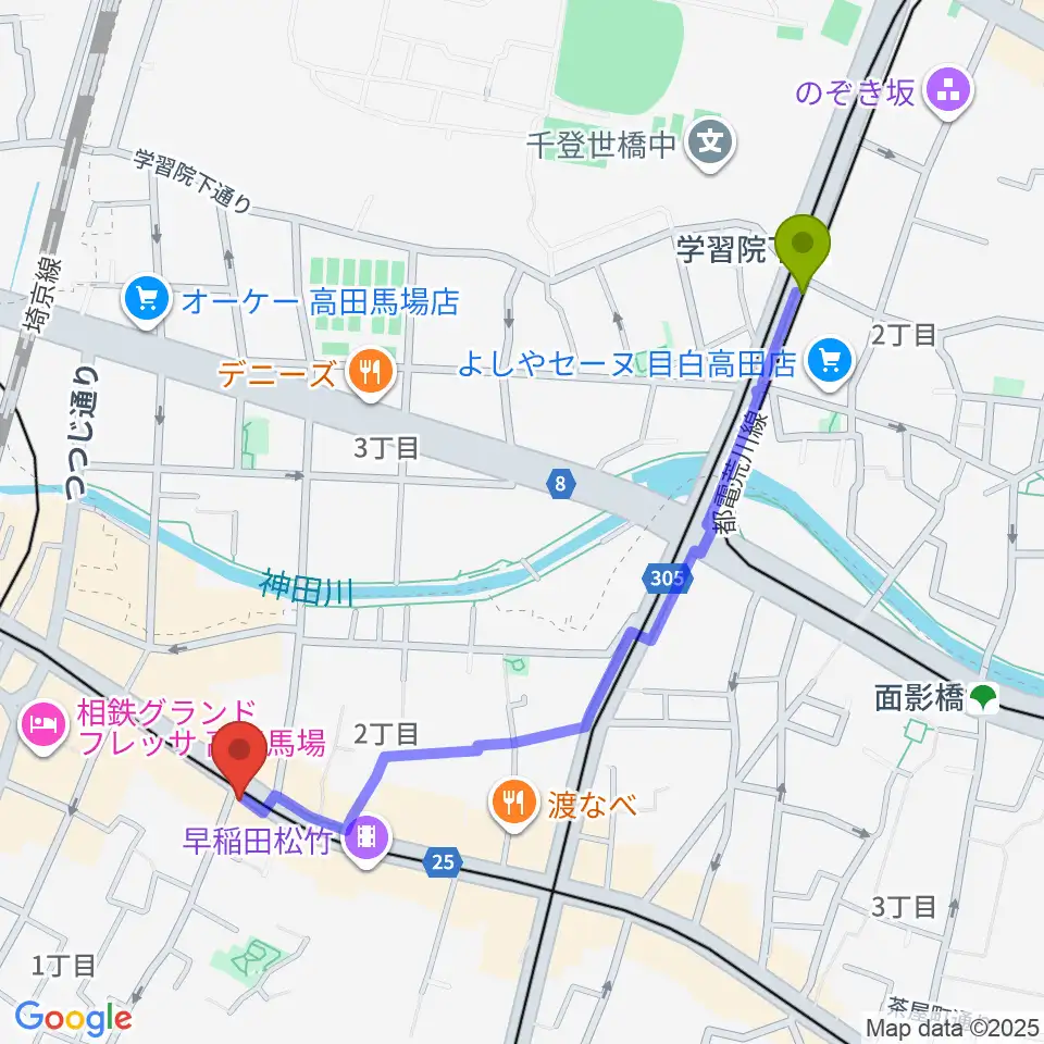 学習院下駅から高田馬場カフェコットンクラブへのルートマップ地図