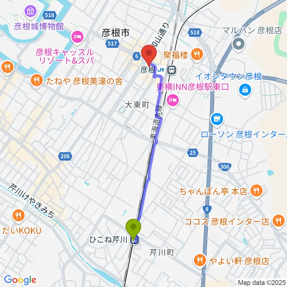 ひこね芹川駅からJEUGIA 彦根店へのルートマップ地図