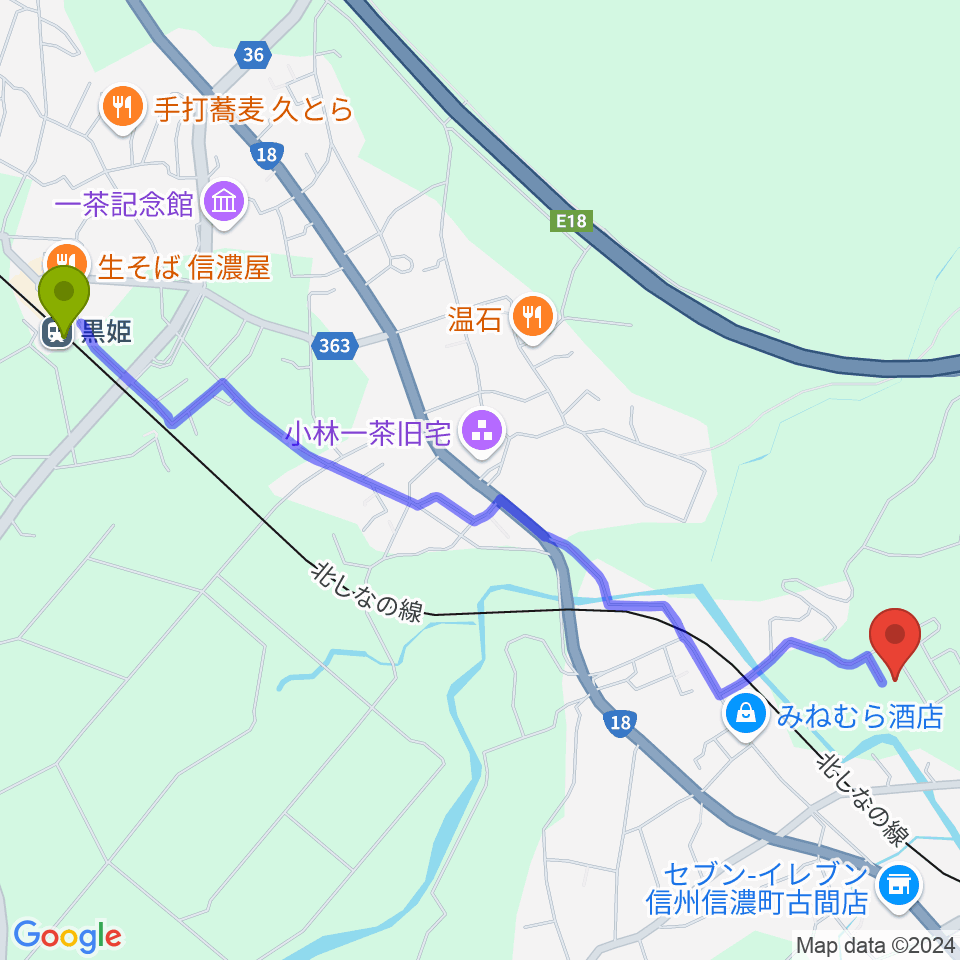 黒姫駅から山崎木管修理工房へのルートマップ地図